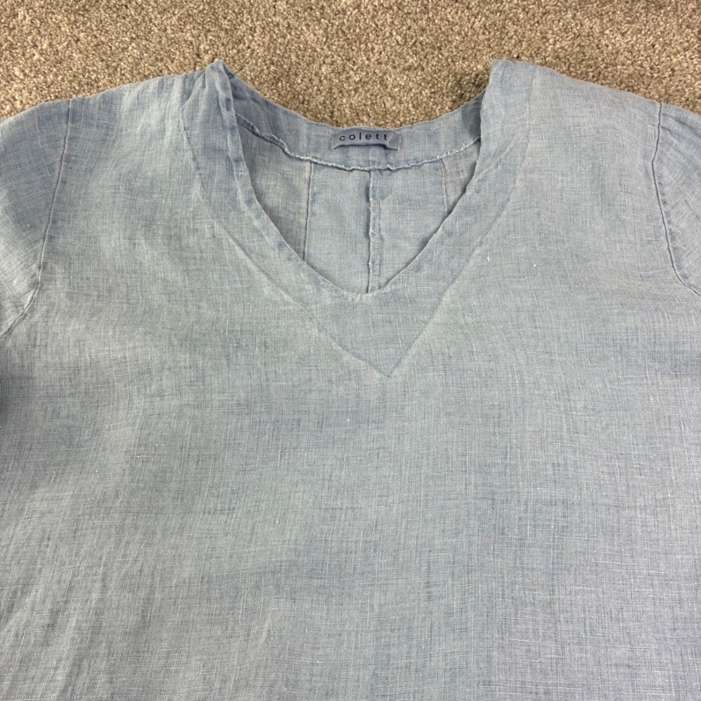 Colette‎ Italy 100% Linen V-Neck Tunic Dress Blue Short Sleeve Boho Beach Lounge